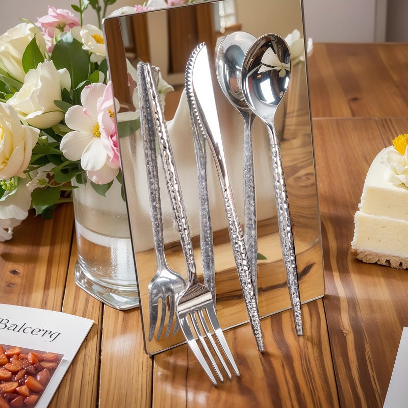 Rubtlamp 180 Pcs Silver Plastic Silverware - Hammered Disposable Silverware - Heavy Duty Plastic Forks And Spoons - Silver Plastic Cultery Include 60 Forks  60 Knives And 60 Spoons for Wedding&Party - Image 3