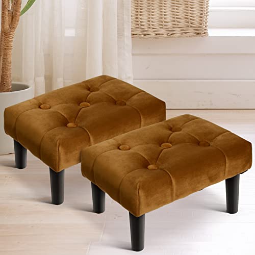 HOUCHICS Small Footstool Ottoman,Velvet Soft Footrest Ottoman with Wood Legs,Sofa Footrest Extra Seating for Living Room Entryway Office(Coffee 2PACK) - Image 1