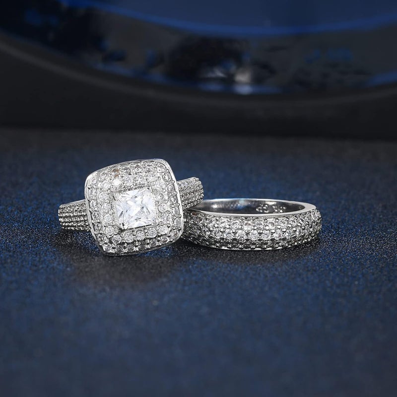 Double Fair 2 Piece Wedding Ring for Women 1 Carat Princess Cut Cubic Zirconia Engagement Promise Bridal silver Band Fashion Cute White Gold Plated Ring Set Gift Jewelry - Image 5