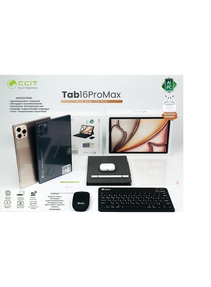 CCIT Tab16 ProMax 5G Tablet – 10.1-Inch HD Screen, 16GB+1TB, Android 15, Dual SIM, Keyboard & Bluetooth Headset - Image 2