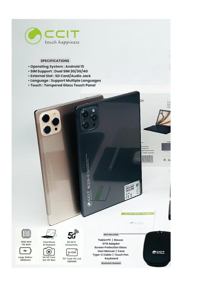 CCIT Tab16 ProMax 5G Tablet – 10.1-Inch HD Screen, 16GB+1TB, Android 15, Dual SIM, Keyboard & Bluetooth Headset - Image 3