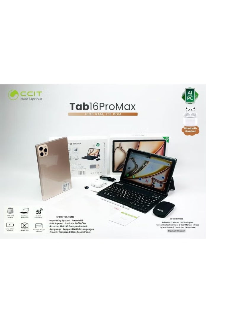 CCIT Tab16 ProMax 5G Tablet – 10.1-Inch HD Screen, 16GB+1TB, Android 15, Dual SIM, Keyboard & Bluetooth Headset - Image 4