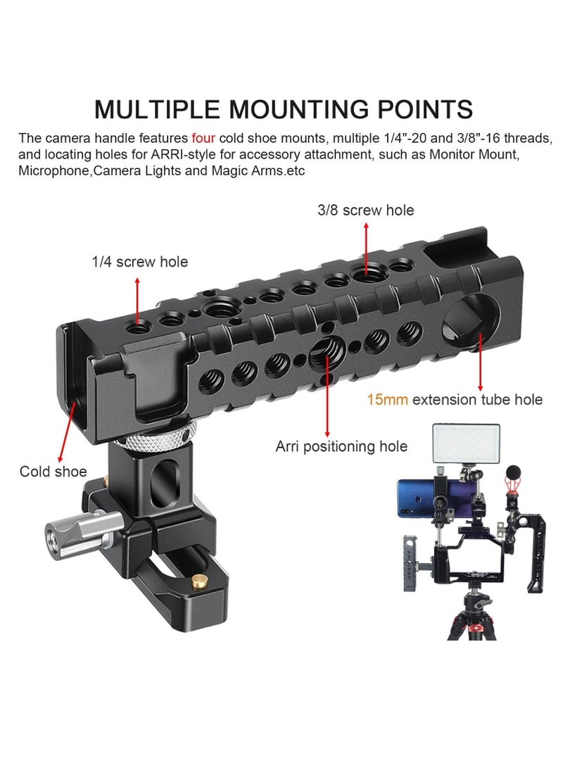 Captaintech Camera Cage Top Handle Grip Quick Release NATO Rail Top Handle with Cold Shoe Arri Locating Hole 15mm Rod Clamp NATO Safety Rail for Video Camera Cage Rig Camcorder Light Microphones - Image 3