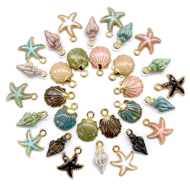 AUEAR, 30 Pack Ocean Starfish Conch Seashell Metal Gold Plated Enamel Charms Pendants for DIY Jewelry Making (Enamel Style 1) - Image 1