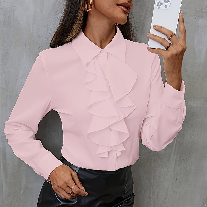 New Womens Loose Chiffon Shirt Long Sleeve White Business Fashion Top Elegant Lotus Leaf Edge Design Quality Assurance Pink  - Image 1