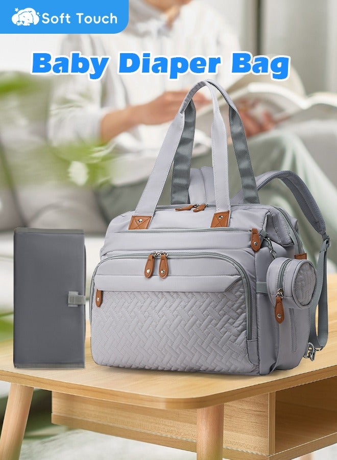 سوفت تاتش حقيبة حفاضات كبيرة للأطفال، حقيبة أطفال للأم، حقيبة حفاضات مقاومة للماء مع حافظة لهاية، حقيبة ظهر للحفاضات، حقيبة للأمهات، حقيبة حفاضات، حقيبة حفاضات للسفر مع وسادة تغيير (رمادي) - Image 1