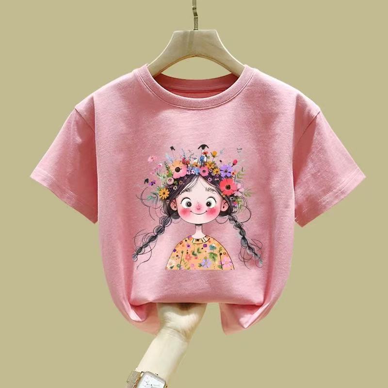 Girls' Short-Sleeved T-Shirt Pink Summer Mid-Large Children'S Cotton Half-Sleeved Children'S Round Neck Top T-Shirt - Image 1