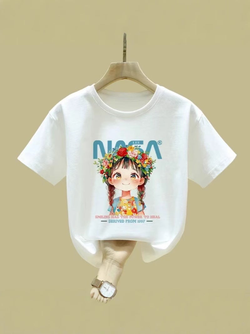 Girls' Short-Sleeved T-Shirt Pink Summer Mid-Large Children'S Cotton Half-Sleeved Children'S Round Neck Top T-Shirt - Image 4