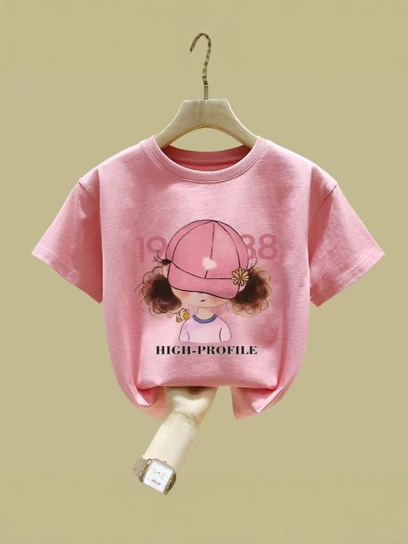 Girls' Short-Sleeved T-Shirt Pink Summer Mid-Large Children'S Cotton Half-Sleeved Children'S Round Neck Top T-Shirt - Image 2