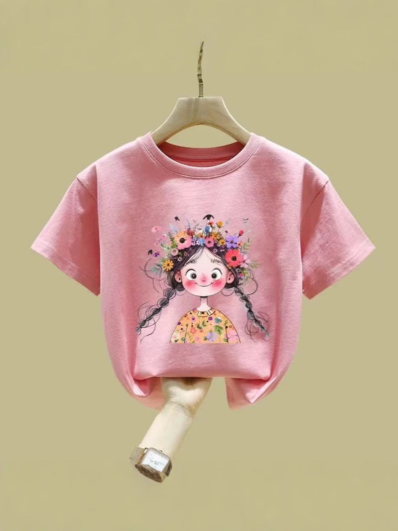 Girls' Short-Sleeved T-Shirt Pink Summer Mid-Large Children'S Cotton Half-Sleeved Children'S Round Neck Top T-Shirt - Image 3