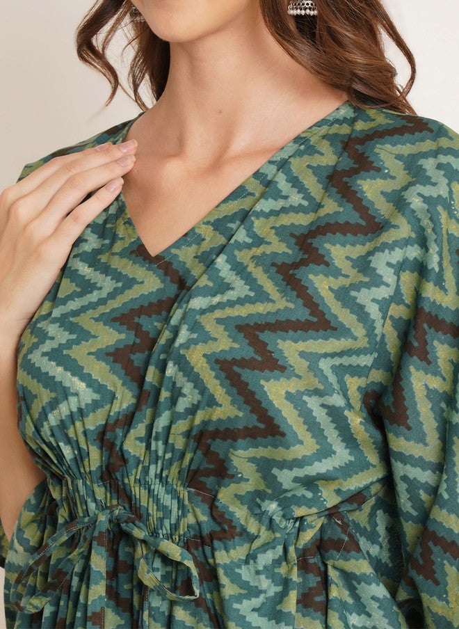 COTLAND FASHION كوتلاند فاشن كيمونو بأكمام على شكل V مزخرف هندسي من القطن الخالص بلوزة طويلة - Image 2