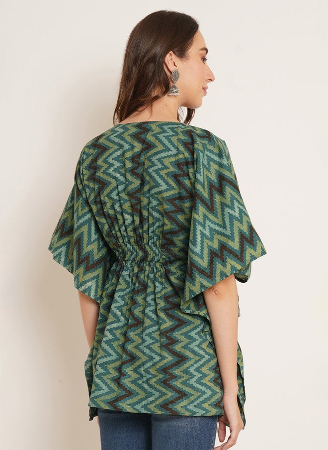 COTLAND FASHION كوتلاند فاشن كيمونو بأكمام على شكل V مزخرف هندسي من القطن الخالص بلوزة طويلة - Image 4