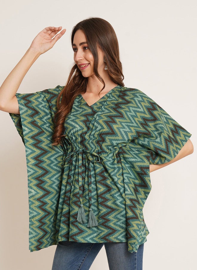 COTLAND FASHION كوتلاند فاشن كيمونو بأكمام على شكل V مزخرف هندسي من القطن الخالص بلوزة طويلة - Image 3