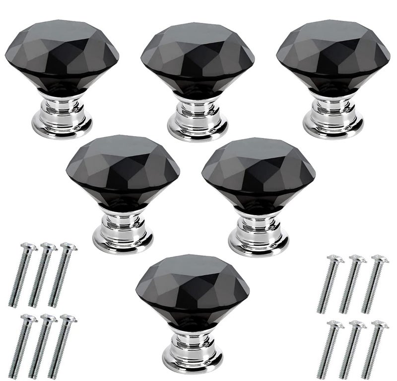 Akstore 6 Pcs Crystal Glass Cabinet Knobs 30mm Diamond Shape Drawer Kitchen Cabinets Dresser Cupboard Wardrobe Pulls Handles 30mm Black