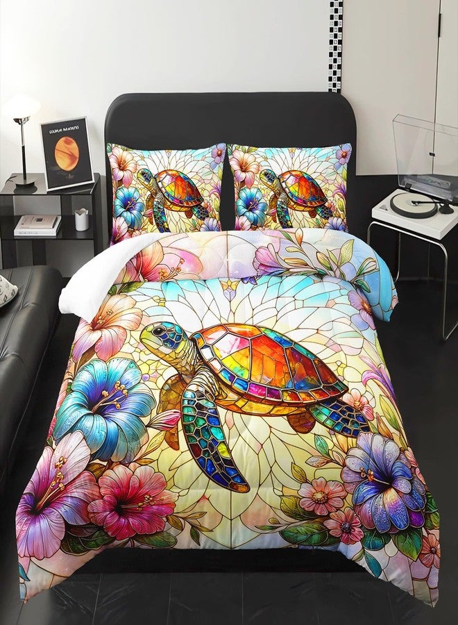 XYNHML Colorful Sea Turtle Themed Comforter 3Pcs Queen Wild Ocean Animal Tortoise Flower Bedding Set for Kid Teen Girl Boy Adult Marine Life Floral Quilt Bed Decor with 1 Comforter and 2 Pillowcases - Image 1
