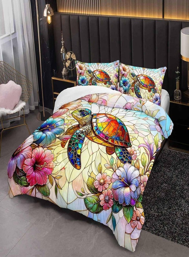 XYNHML Colorful Sea Turtle Themed Comforter 3Pcs Queen Wild Ocean Animal Tortoise Flower Bedding Set for Kid Teen Girl Boy Adult Marine Life Floral Quilt Bed Decor with 1 Comforter and 2 Pillowcases - Image 2