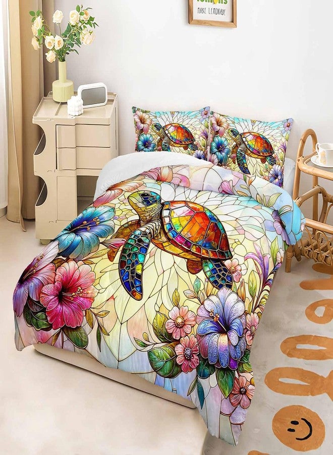 XYNHML Colorful Sea Turtle Themed Comforter 3Pcs Queen Wild Ocean Animal Tortoise Flower Bedding Set for Kid Teen Girl Boy Adult Marine Life Floral Quilt Bed Decor with 1 Comforter and 2 Pillowcases - Image 4