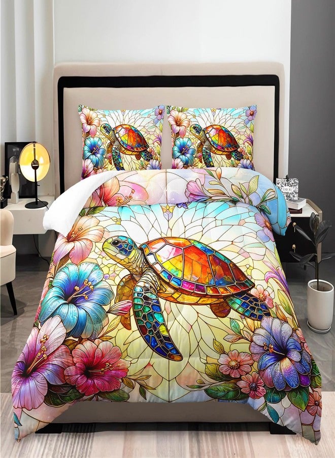 XYNHML Colorful Sea Turtle Themed Comforter 3Pcs Queen Wild Ocean Animal Tortoise Flower Bedding Set for Kid Teen Girl Boy Adult Marine Life Floral Quilt Bed Decor with 1 Comforter and 2 Pillowcases - Image 3