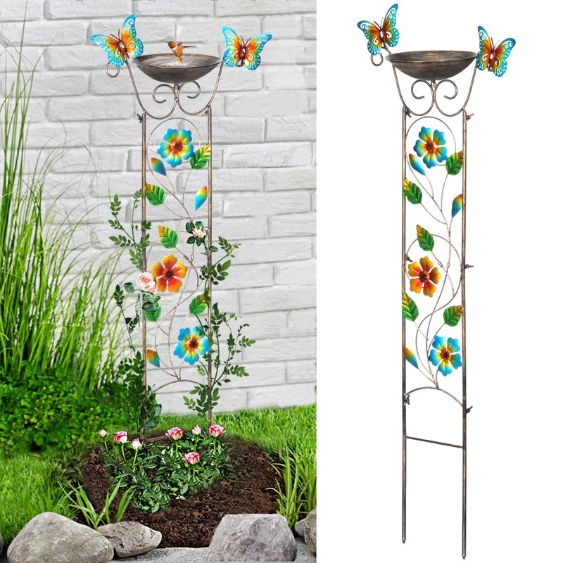 LEWIS&WAYNE لويس وواين حوض طيور حديقة مع trellis خارجي، 40 بوصة حديد عتيق حديقة نبات trellis زخرفي مع زهور-فراشات وحوض شرب قابل للفصل، حوض طيور قائم بذاته محطة مغذية للطيور - Image 1