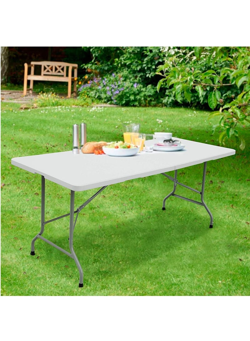 DubaiGallery طاولة قابلة للطي بلاستيكية بطول 6 أقدام - تطوى إلى نصفين مع مقبض حمل مستطيلة - خفيفة الوزن وقابلة للنقل - راتنج أبيض مع إطار فولاذي قوي - Image 1