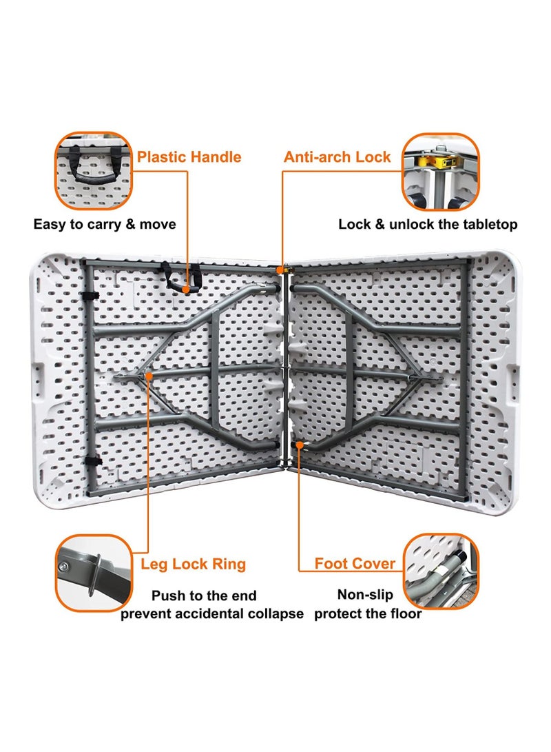 DubaiGallery طاولة قابلة للطي بلاستيكية بطول 6 أقدام - تطوى إلى نصفين مع مقبض حمل مستطيلة - خفيفة الوزن وقابلة للنقل - راتنج أبيض مع إطار فولاذي قوي - Image 5