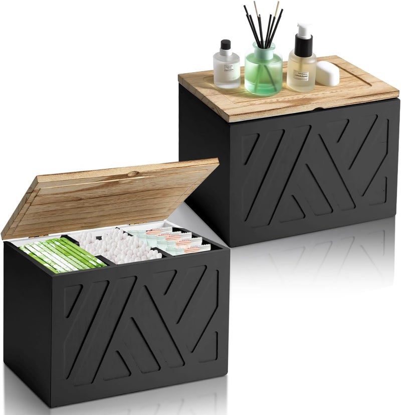 MROUEN 2Pcs Tampon Holder for Bathroom Decor, Feminine Product Organizer, Shark Week Tampon Storage with Lid, Wood Pad Box for Toilet, Lady Girl Stuff Organizer Case Bathroom Accessories- Black - Image 1