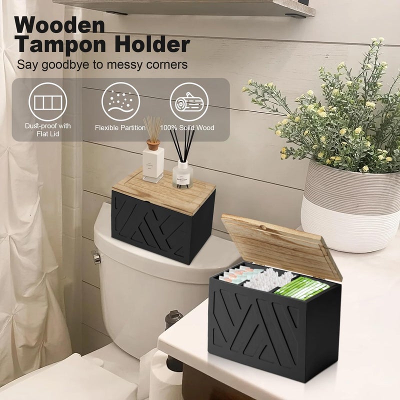 MROUEN 2Pcs Tampon Holder for Bathroom Decor, Feminine Product Organizer, Shark Week Tampon Storage with Lid, Wood Pad Box for Toilet, Lady Girl Stuff Organizer Case Bathroom Accessories- Black - Image 3