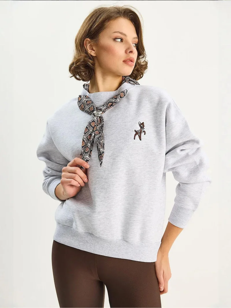 Bianco Lucci Grey LUCCI Embroidered Crew Neck Sweatshirt for Women | Best Price UAE