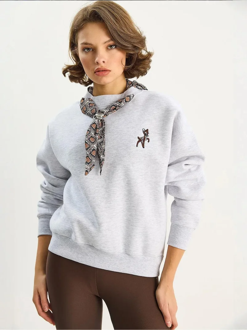Bianco Lucci Grey LUCCI Embroidered Crew Neck Sweatshirt for Women | Best Price UAE