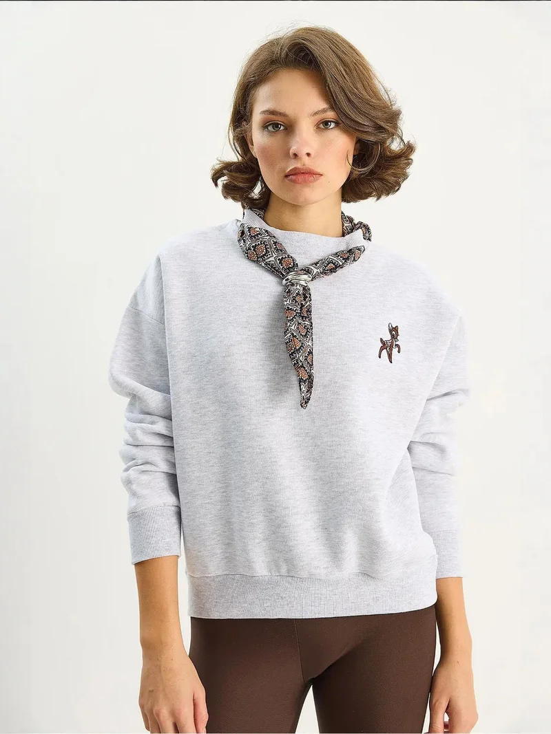 Bianco Lucci Grey LUCCI Embroidered Crew Neck Sweatshirt for Women | Best Price UAE