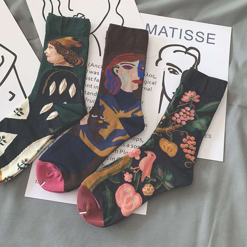 Trendy Socks Retro College Style Oil Painting Creative Colorful Men'S Socks Autumn Women'S Korean Version Mid-Tube Socks Ins Illustration Personality - Image 4