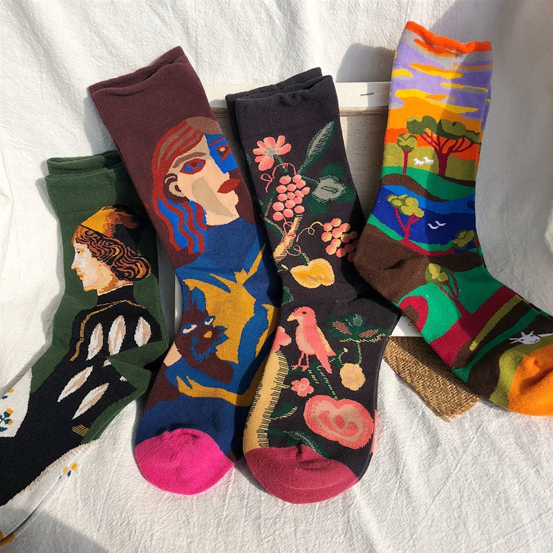 Trendy Socks Retro College Style Oil Painting Creative Colorful Men'S Socks Autumn Women'S Korean Version Mid-Tube Socks Ins Illustration Personality - Image 1