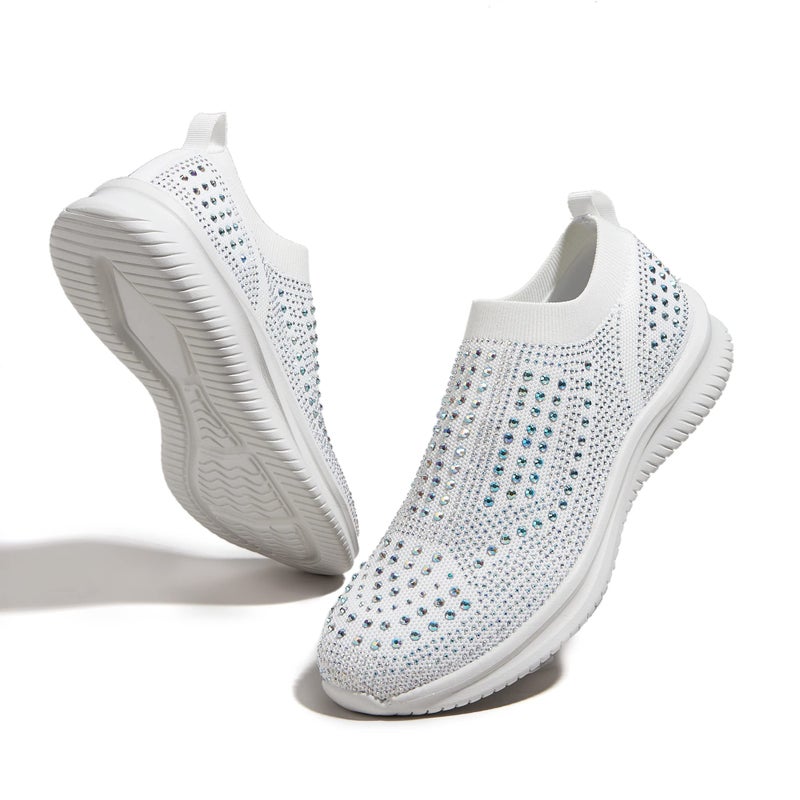 BELOS Women's Rhinestone Slip On Walking Shoes Breathable Mesh Knit Sock Shoes Fashion Comfortable Sparkly Sneaker (White,8.5) - Image 1