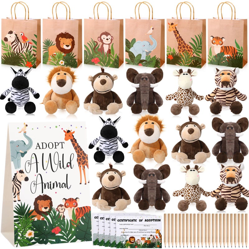 Soulchen 24 Set Safari Jungle Party Favors Include 24 Large 10 Inch Safari Stuffed Animals Toys 24 Adoption Cards 24 Pencils 24 Kraft Bags and 1 Adoption Sign for Jungle Adopt an Animal Party Favors - Image 3