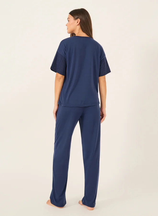 Styli Schiffli Sleeve Round Neck T-Shirt and Pyjama Set
