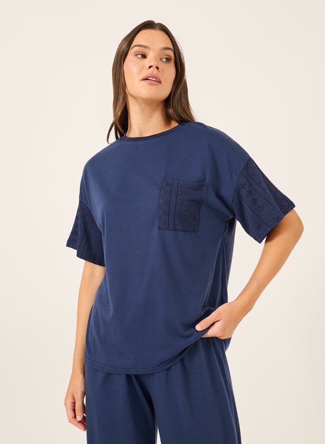 Styli Schiffli Sleeve Round Neck T-Shirt and Pyjama Set  - Image 3