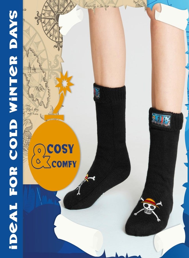 One Piece Fluffy Socks for Teenagers Soft and Warm Slipper Socks with Sherpa Lining One Size 4-8 Anime Gifts for Him, Black - Image 2