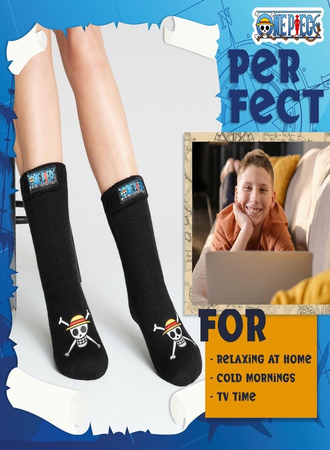One Piece Fluffy Socks for Teenagers Soft and Warm Slipper Socks with Sherpa Lining One Size 4-8 Anime Gifts for Him, Black - Image 3