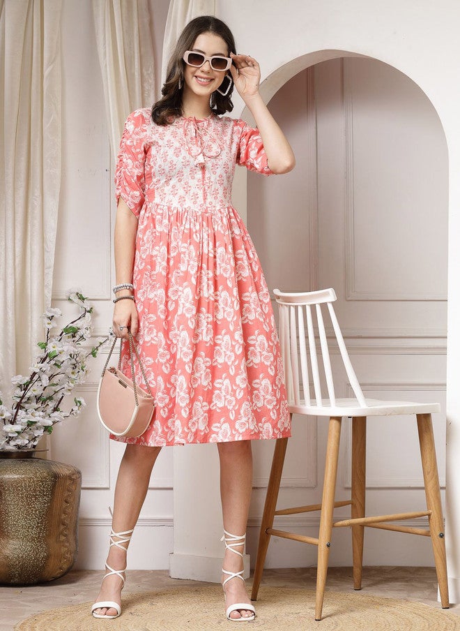 Indibelle Women's Peach Floral Printed Cotton Tie-Up Neck Fit & Flare Dress - Image 1