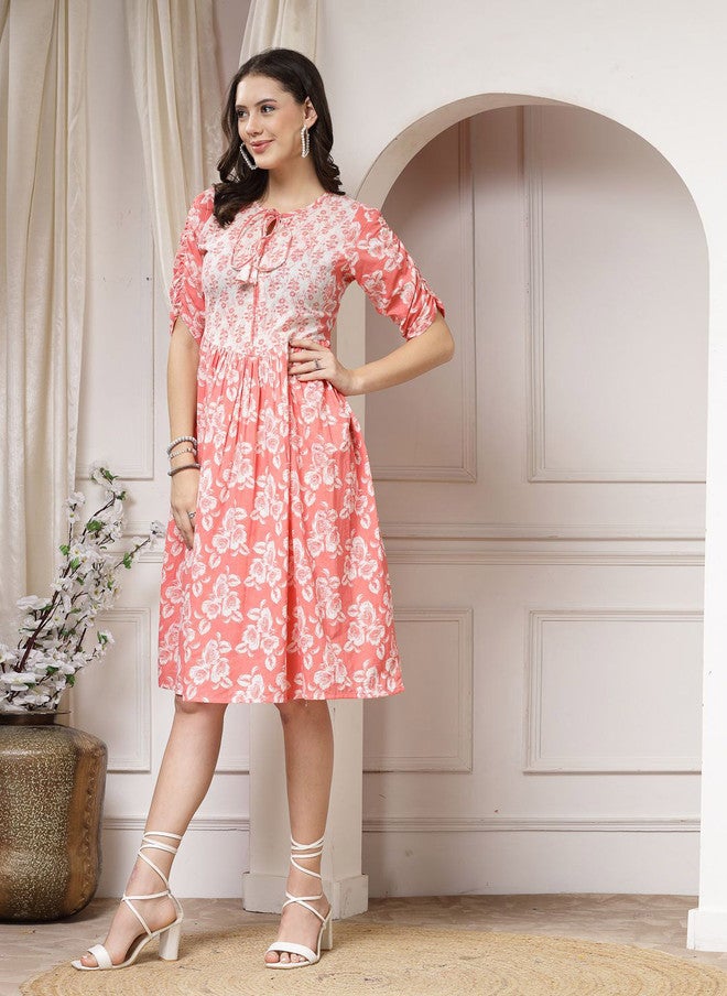 Indibelle Women's Peach Floral Printed Cotton Tie-Up Neck Fit & Flare Dress - Image 3