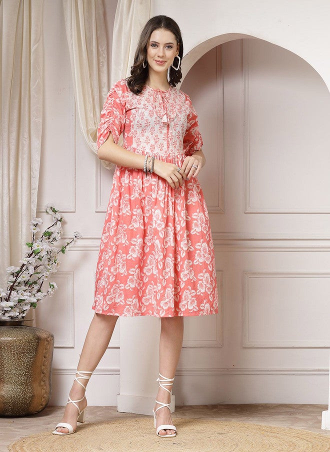 Indibelle Women's Peach Floral Printed Cotton Tie-Up Neck Fit & Flare Dress - Image 5