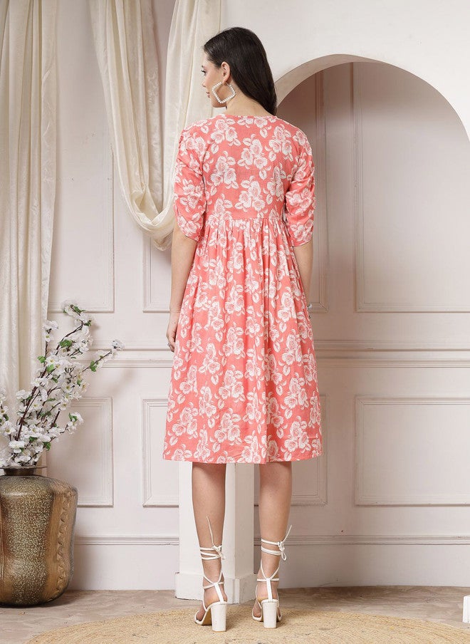 Indibelle Women's Peach Floral Printed Cotton Tie-Up Neck Fit & Flare Dress - Image 4