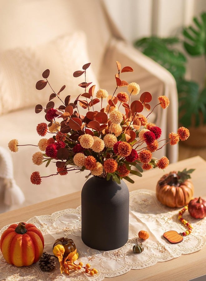 BLOSMON Fall Flowers in Vase for Centerpieces: Metal Vase with 12 Stems of Fake Kiku Flowers Eucalyptuses Home Table Decor - Burnt Orange Artificial Pom Poms Floral Arrangements for Living Room - Image 3