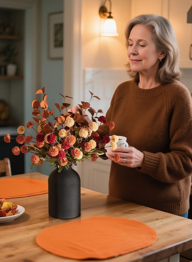 BLOSMON Fall Flowers in Vase for Centerpieces: Metal Vase with 12 Stems of Fake Kiku Flowers Eucalyptuses Home Table Decor - Burnt Orange Artificial Pom Poms Floral Arrangements for Living Room - Image 5