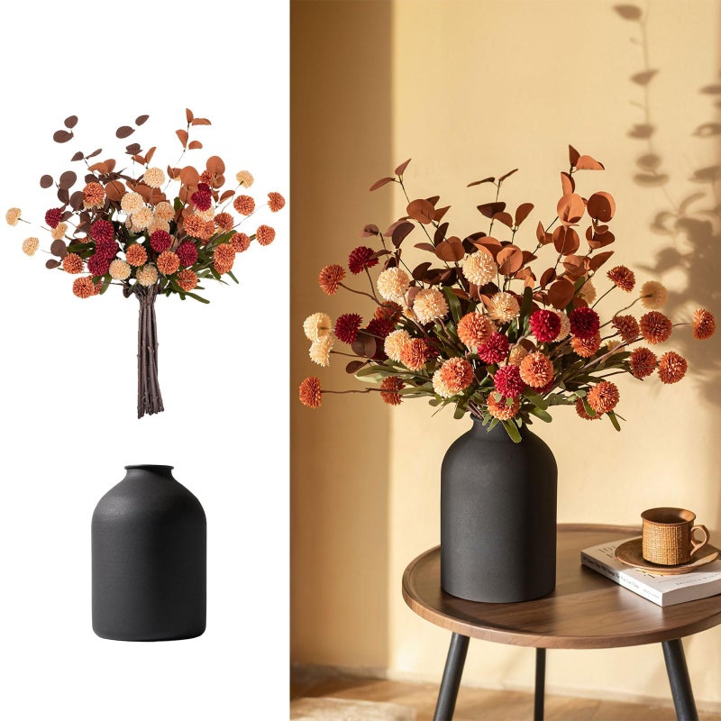 BLOSMON Fall Flowers in Vase for Centerpieces: Metal Vase with 12 Stems of Fake Kiku Flowers Eucalyptuses Home Table Decor - Burnt Orange Artificial Pom Poms Floral Arrangements for Living Room - Image 1