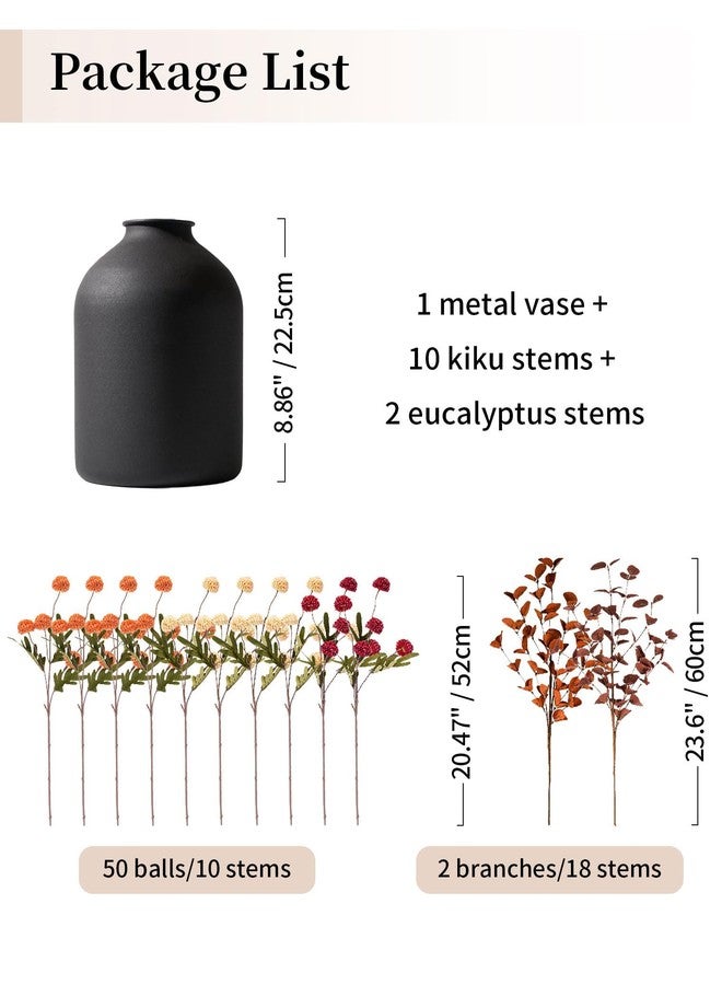 BLOSMON Fall Flowers in Vase for Centerpieces: Metal Vase with 12 Stems of Fake Kiku Flowers Eucalyptuses Home Table Decor - Burnt Orange Artificial Pom Poms Floral Arrangements for Living Room - Image 2