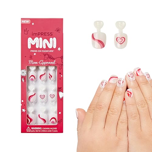 Impress KISS imPRESS No Glue Mani Press On Nails, Mini Press-On Manicure for Kids, 'Dream Big', Pink, Kids Size, Squoval Shape, Includes 20 Fake Nails with Removable Application Tabs, 1 Mini File - Image 1