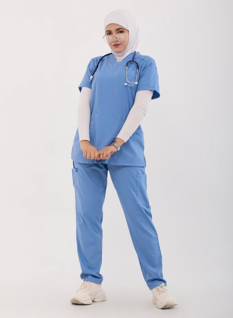 RZ Scrub Comfortable Lycra CYAN  fabric with many pockets is meticulously crafted to retain its color without fading with repeated washing - Image 2