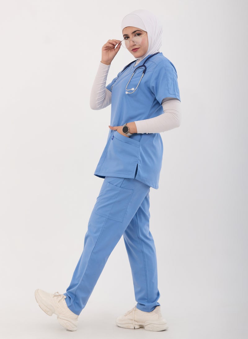 RZ Scrub Comfortable Lycra CYAN  fabric with many pockets is meticulously crafted to retain its color without fading with repeated washing - Image 3