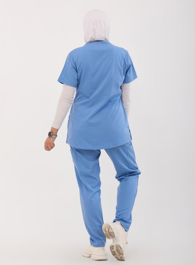 RZ Scrub Comfortable Lycra CYAN  fabric with many pockets is meticulously crafted to retain its color without fading with repeated washing - Image 4